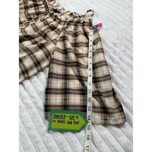 New Glory Off The Shoulder Crop Front Tie Knot Button Brown Peach Plaid WM 2X - Picture 16 of 16